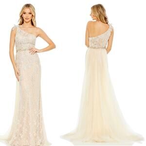 Mac Duggal Lace One Shoulder Tulle Train Gown Ivory Nude Wedding Dress Sz 8 NWT